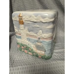 Vintage 1980s Handpainted Ceramic Tissue Box Cover Lighthouse Nautical